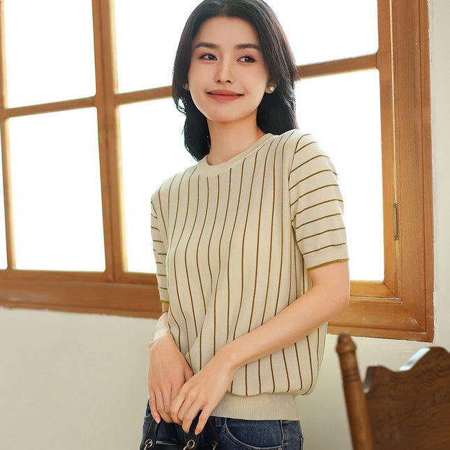 Summer new ladies knitted T-shirt short sleeve cotton round neck vertical stripe thin pullover jacket wholesale
