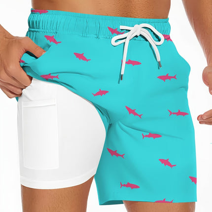 Men's Shark Pattern 2 in 1 Board Shorts with Drawstring and