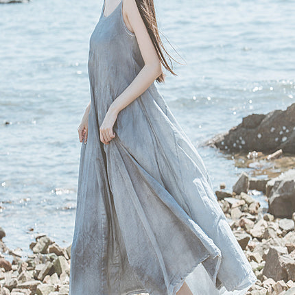 25 Summer Self-Made Long Cotton Dress with Large Hem and Double-Layered Leaf-Patterned Splicing, Two-Color Pure Cotton Strap Dress