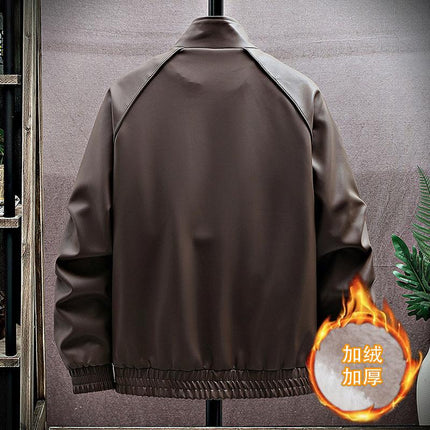 Vertical Collar Leather Jacket Men's Winter fleece-lined Thickened Biker Leather Jacket High-end Fashionable Trendy Ripper Handsome Casual Top