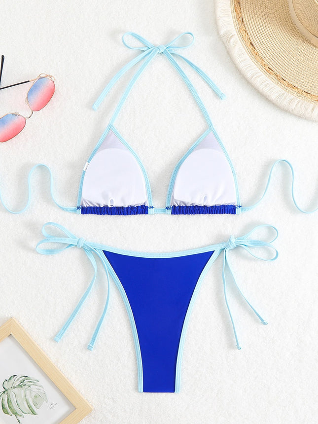 2025 New Amazon European and American Color-Blocked Halter Sexy Bikini Swimsuit Women's Beach Hot Spring Swimsuit Bikini