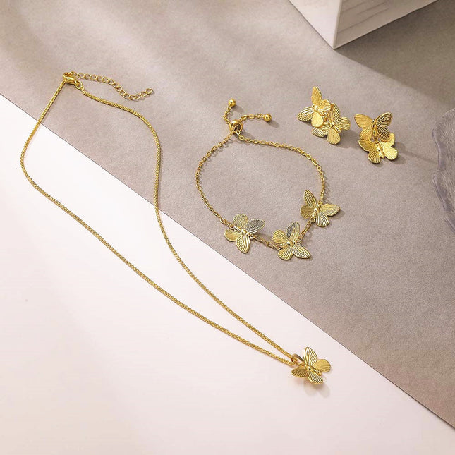 Fashion personality double butterfly earrings necklace bracelet niche high sense butterfly jewelry suit earrings accessories wholesale