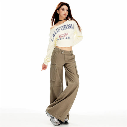 Raccoon House # European and American Cross-Border Low-Waist Slightly Spicy Beaded Double-Button Work Jeans for Hot Girls with Drapey Floor-Length Bell-Bottom Pants