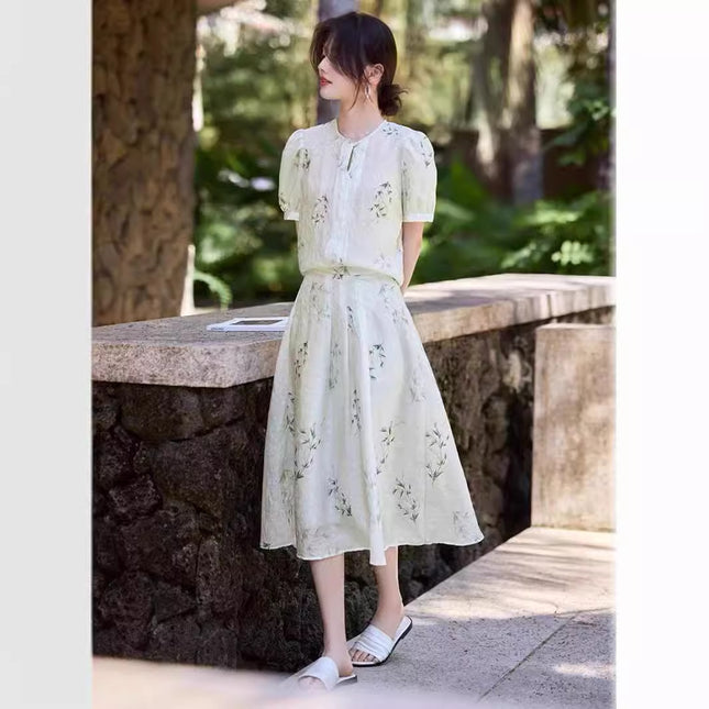 Spot New Chinese Style National Style Printed Set Women's Summer Elegant Temperament Texture Top Skirt Two-Piece Set