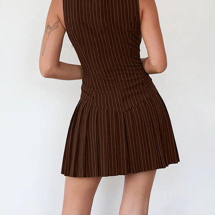 2025 spring European and American-style cross-border round neck sleeveless ladies pinstripe mini pleated skirt dress