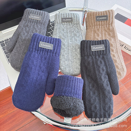 New Men's Warm Gloves Winter Cold-proof fleece-lined Thickened Double-layer Riding Wool Knitted All-inclusive Finger Wholesale