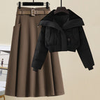 Black jacket + brown skirt two-piece set / S