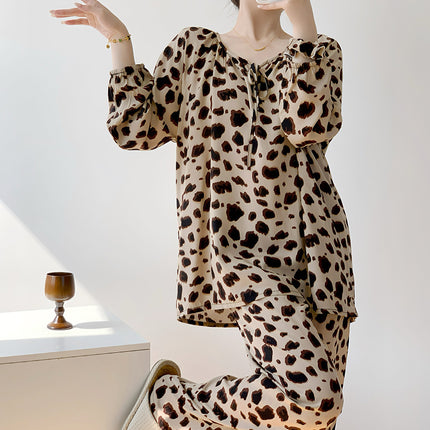 2025 New Leopard Print Cotton Silk Pajamas Women's Summer Thin Long-sleeved High-end Outwear Spring and Autumn plus size Home Clothes
