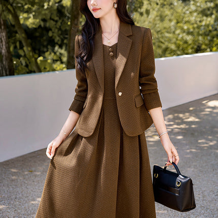 Brown Suit suit Women's Long-sleeved Spring and Autumn 2024 New Business Wear Dress Elegant Slimming dress Two-piece Set