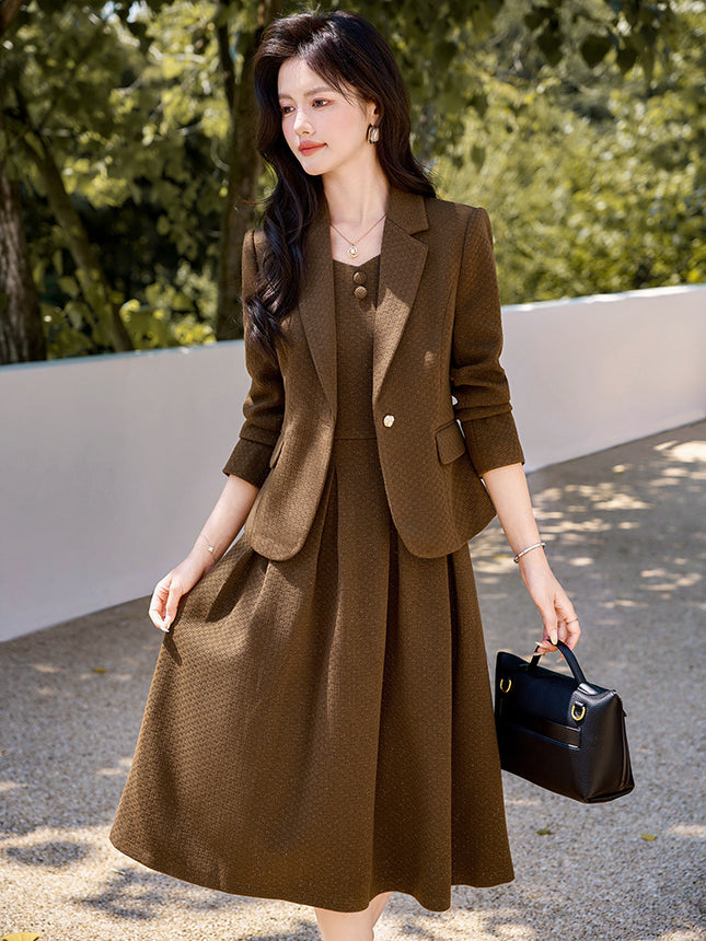 Brown Suit suit Women's Long-sleeved Spring and Autumn 2024 New Business Wear Dress Elegant Slimming dress Two-piece Set