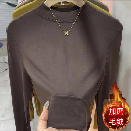 2025 Autumn and Winter New Style Plus Brushed Inner Small Stand-Up Collar Pure Color Simple Versatile Slimming Look Half Turtleneck Bottoming T-Shirt for Women