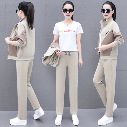 High Cotton Color-Block Two-Piece Fashion Casual Sports Suit for Women, Spring and Autumn, Middle-Aged Mom, Stand Collar Cardigan and Color-Block Sweatpants
