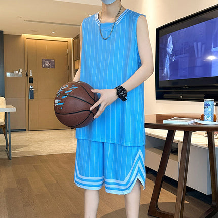 New 2025 Men's Running Stripe Sports Ice Silk Suit Men's Summer Basketball Suit Summer Sports Suit Men