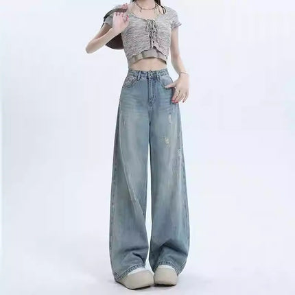 American Retro Wide-Leg Jeans for Women, Trendy Versatile New Ripped Design, Loose Slimming Drape Straight Pants