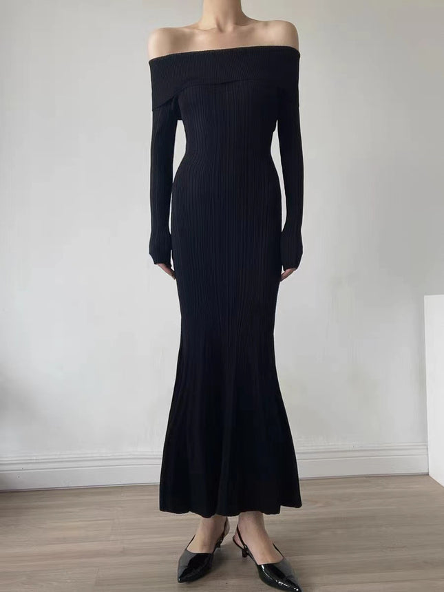 Zhao Liying star same off-the-shoulder dress autumn S socialite P light luxury French sweater off-the-shoulder banquet dress