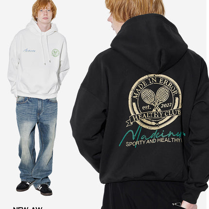 Unf 2024 Autumn and Winter New American Heavyweight 440g Loose Tennis Theme Printed Velvet Hooded Sweatshirt for Men and Women