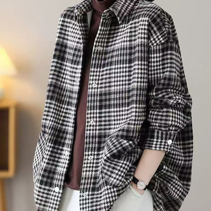 Vintage Plaid Coat Shirt Women's Loose Fashion Western Style Slim fleece-lined Thickened Scrub Lapel Cardigan Top