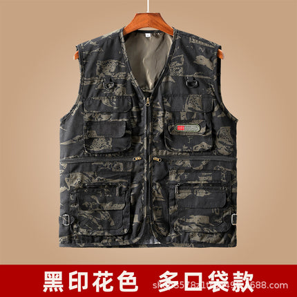 Men's Vest for Spring and Autumn, Padded for Middle-Aged and Elderly Men, Multi-Pocket Vest, Outdoor Fishing Casual Wear, Dad's Vest