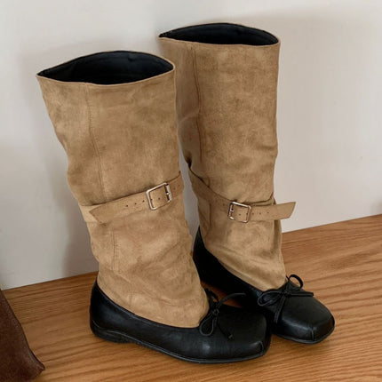 Sheepskin Version ~2025 New Personalized Ballet Style Genuine Leather Boots for Women with Bow Belt Buckle Pleated Work Boots
