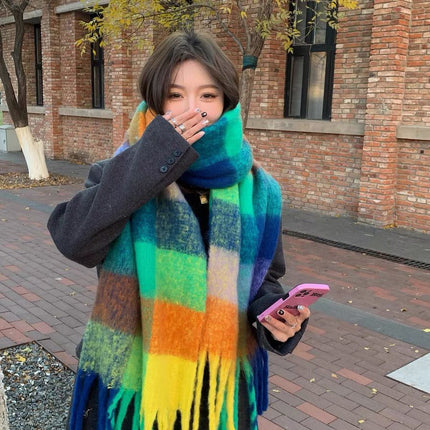 New Rainbow Plaid Tassel Scarf Women's Autumn and Winter European and American Cross-border Color-matching Cashmere and mohair Shawl Thickened Wai
