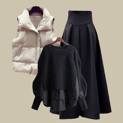 Autumn and Winter Outfits for Women 2025 New Large Size Loose Fake Two-Piece Sweater Versatile Vest Slimming Look Skirt Three-Piece Set