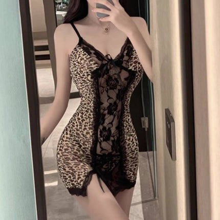 Sexy Lingerie Pure Desire Girl Charm Midnight Leopard Print Bed Temptation Cheongsam Lace No Need to Take Off Sexy Sleep Set