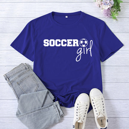 Amazon cross-border foreign trade soccer girl printed women's round neck top T-shirt summer casual European size plus size
