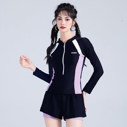 2026 New Style Women's Long-Sleeved Conservative Slimming Tummy-Covering Sports Training Swimsuit for Sweet Girls, Hot Spring Girls, and Students