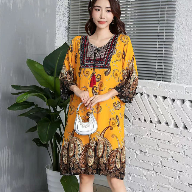 Extra Large Size Ethnic Style Round Neck Three-Quarter Sleeve Dress Loose Embroidered Flower Cotton Silk Travel Beach Skirt for Women