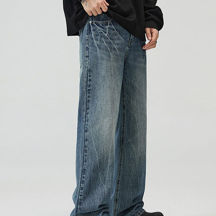 LKTM Men's# American vibe Lightning Crack Blue Jeans Men's cleanfit Slightly Slim Pants