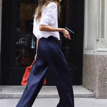Acetate Minimalist Satin Elastic Waist Loose Flared Wide-Leg Pants for Women with Drape Effect 2026 New Spring and Autumn Casual Straight Pants