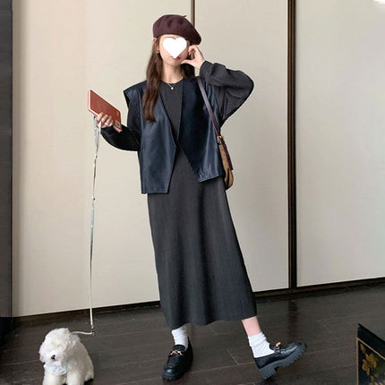 Knitted dress Women's Two-Piece Set Spring and Autumn 2024 New French Style Style Leather Vest Long Skirt suit