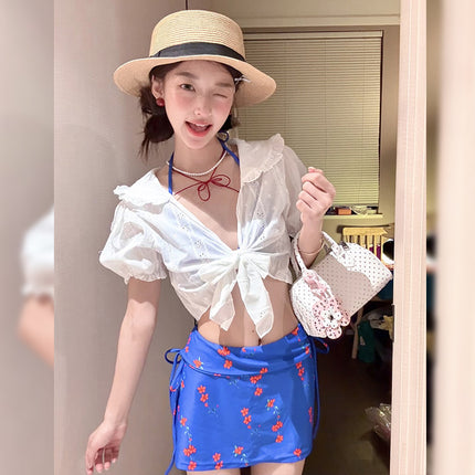 "Sapphire Blue" Sweet and Spicy Swimsuit Sexy White Shirt Women's Small Breast Bikini Three-Piece Vacation Swimsuit