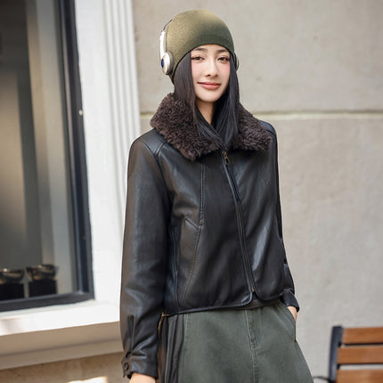 Winter Padded Leather Jacket for Women, Short Style, Petite Size, Plus Size, Age-Reducing Cotton Coat, 2025 Winter Slimming Sheepskin Jacket