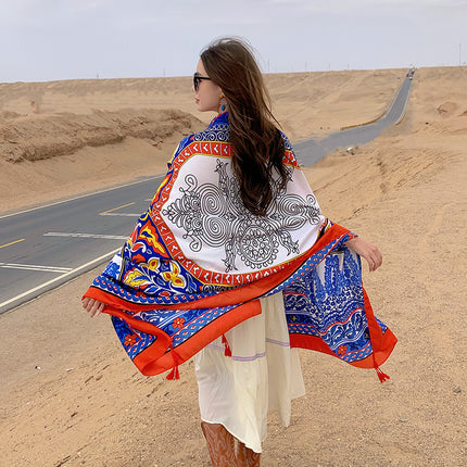 Ethnic style cotton and linen feel silk scarf travel sunscreen beach towel long outer wear decorative shawl thin scarf for women