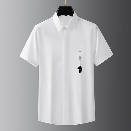 Shirts, Light Luxury and High-End White Shirts, Men's Short-Sleeved Embroidered Bamboo Slim Fit, Trendy High-End Light Luxury and Handsome Men's Clothing