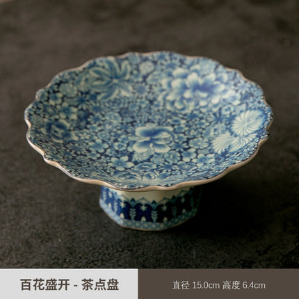 Chinese-style Blue and White Porcelain Fruit Plate Living Room Coffee Table Household Ceramic Refreshment Snack Plate High Foot Delicate Dried Fruit Snack Plate
