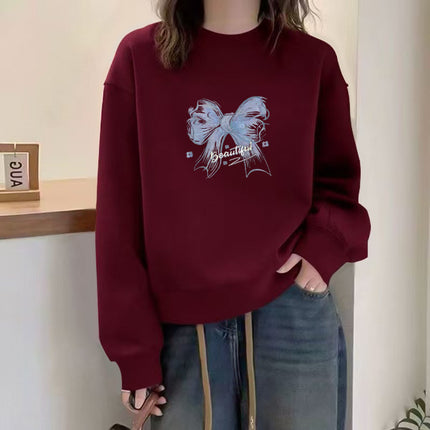 wine red New Year Sweat Women's 2025 New Autumn and Winter All-match Loose High-end fleece-lined Long-sleeved Spring Thin Top