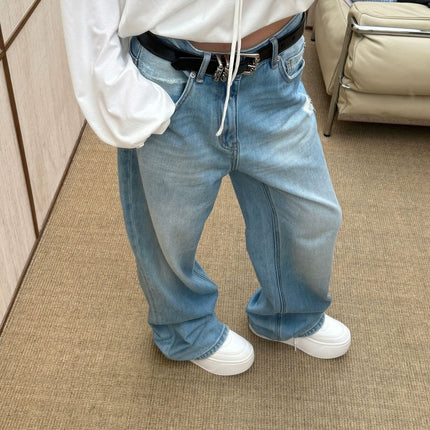 Sunoneoe American Retro Blue Loose Jeans Women's Summer New Casual Straight Pants for Small People