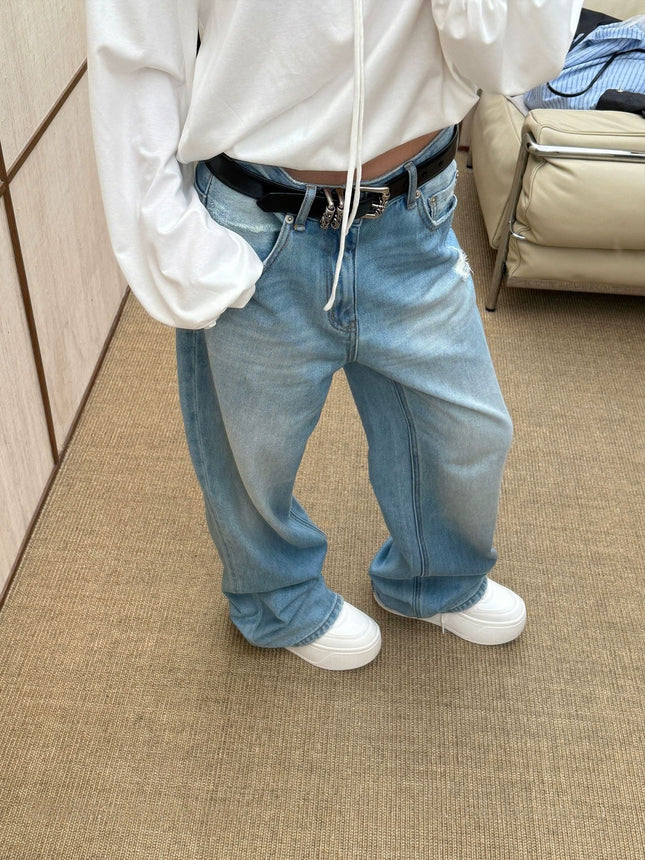 Sunoneoe American Retro Blue Loose Jeans Women's Summer New Casual Straight Pants for Small People