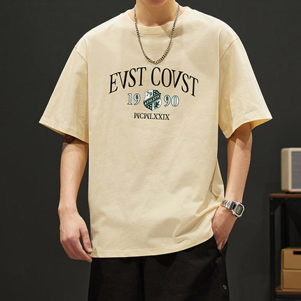 2024 new summer heavy 260g cotton T-shirt men's short sleeve loose printed T-shirt trendy top men's clothing