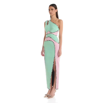 Bandage dress European and American Pink green one-shoulder slit long dress socialite banquet party evening dress