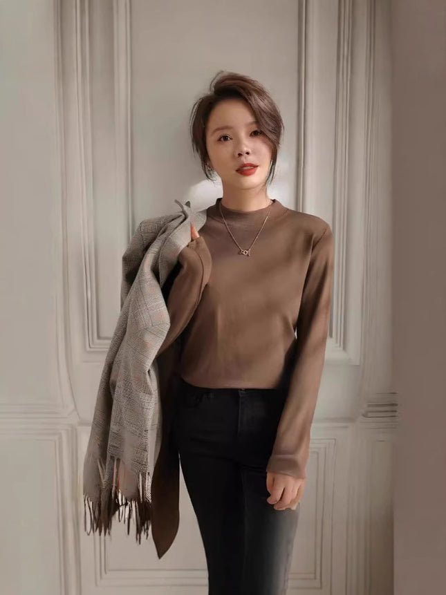 Solid Color Bottoming Shirt with Long Sleeves Inside the Body, Suit Bottoming Shirt for Women, Spring & Fall Slim Long-Sleeved T-Shirt Bottoming