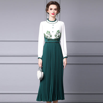 Zhili 2026 New Style Dress, Unique Design, Ruffled Collar, Beaded, Slimming, Figure-Flattering, Long Pleated Skirt