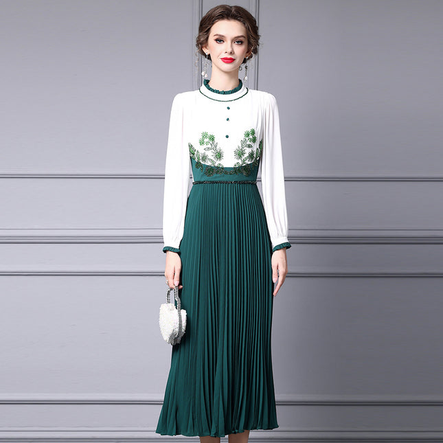 Zhili 2026 New Style Dress, Unique Design, Ruffled Collar, Beaded, Slimming, Figure-Flattering, Long Pleated Skirt