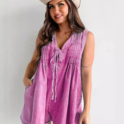 2025 European and American Cross-Border Summer New Products: Street Fashion Sleeveless Short-Sleeve Denim Jumpsuit 9025