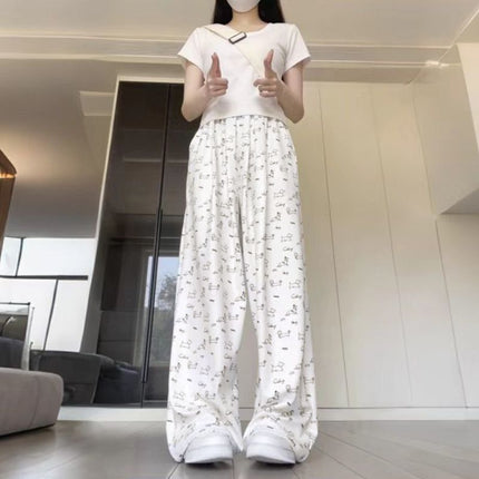 Apricot Puppy Print Ice Silk Wide-Leg Pants for Women Summer High-Waisted Casual Floor-Length Pants Lazy Style Straight Pants