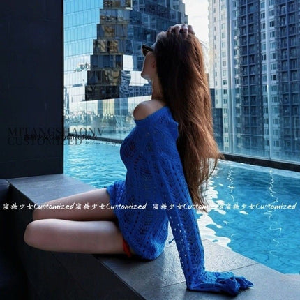 Pure Desire Sexy Spice Girl Red White Bikini Three-Piece Blue Knitted Blouse High-Level Photo Swimsuit