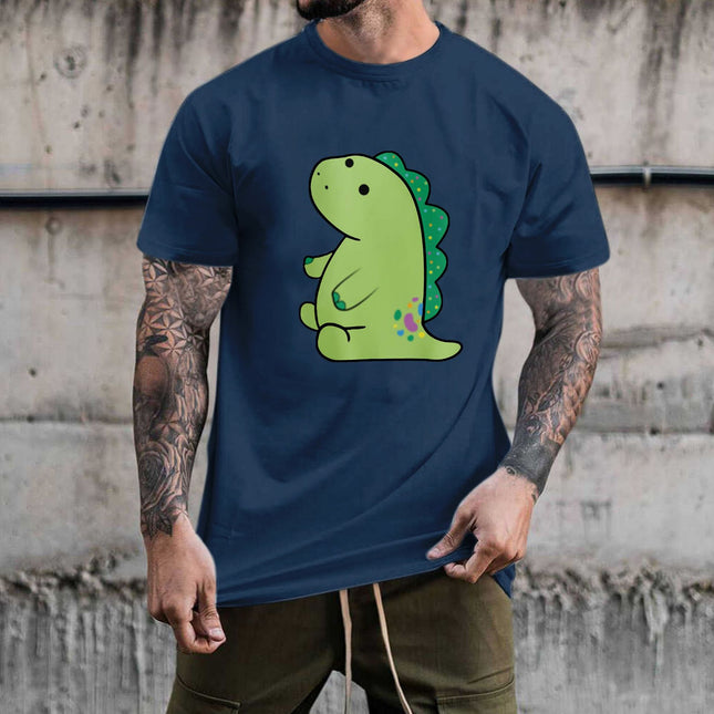 Cross-Border Summer New Product Cartoon Dinosaur Pattern Men's Cotton Loose Combed Cotton Pullover Round Neck Short Sleeves