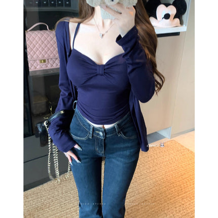 Trendy Two-Piece Set: Pure Desire Hot Girl Style Twisted Design Camisole for Women, Early Autumn New Niche Versatile Cardigan with Long Sleeves